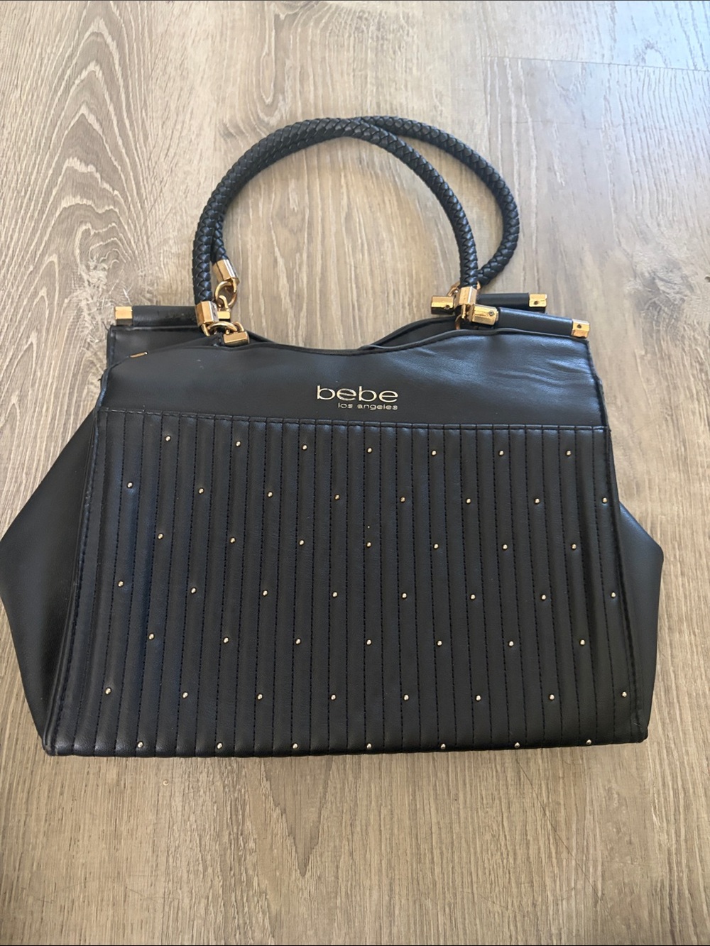bebe Black Quilted Stud Accent Satchel with Braided Handles
